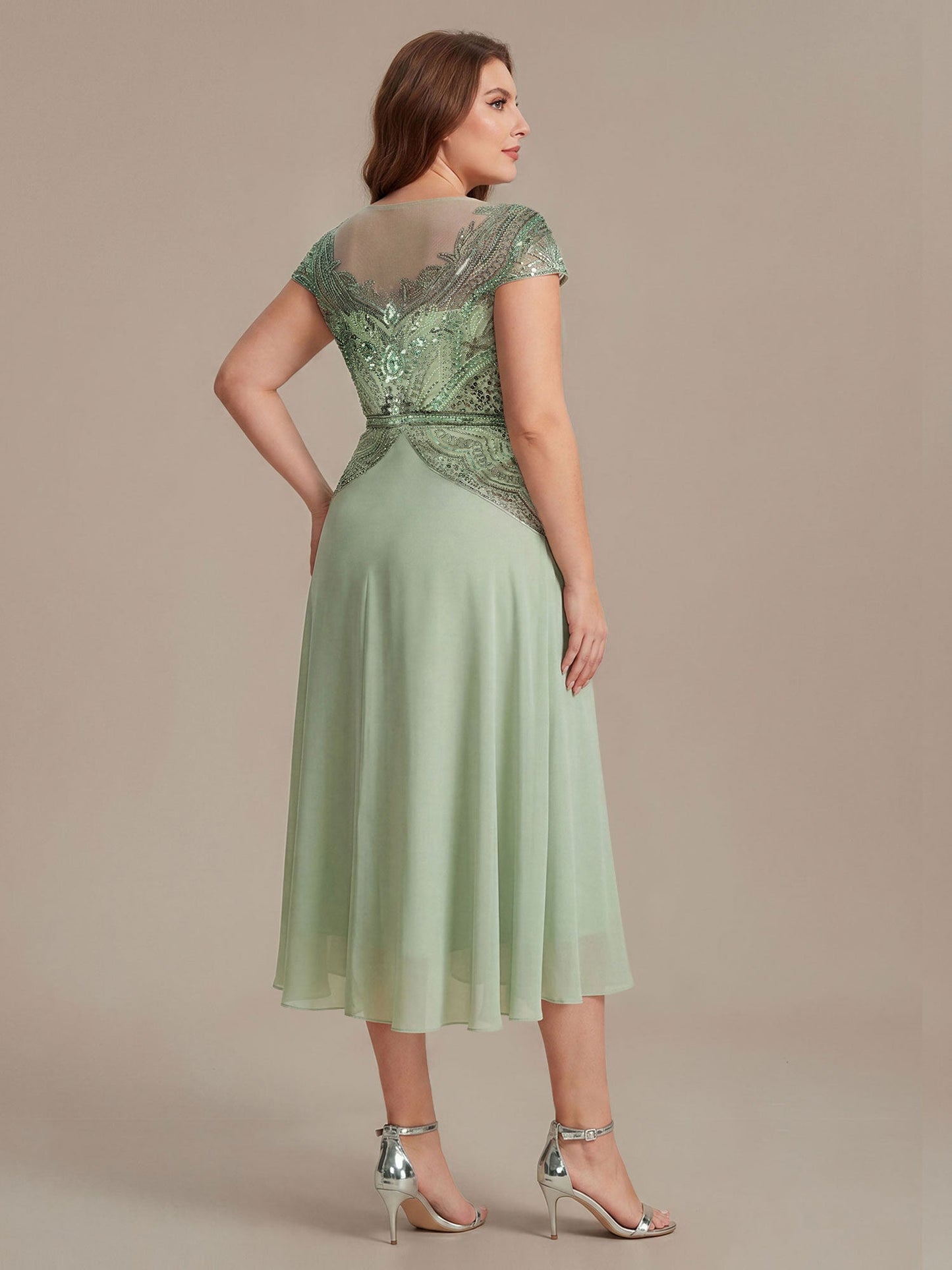 ever NUIT|See-Through Beaded Sheath Round Neck Wedding Guest Dress