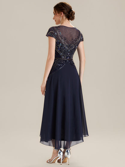 ever NUIT|See-Through Beaded Sheath Round Neck Wedding Guest Dress