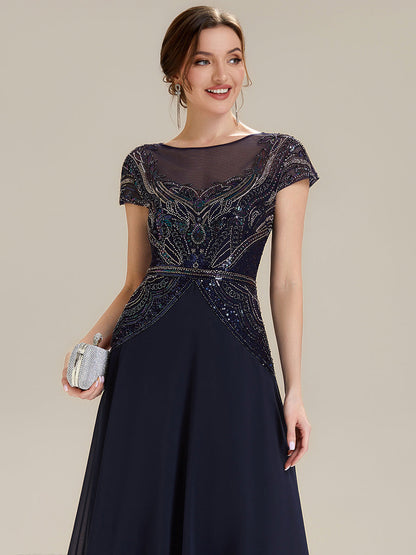 ever NUIT|See-Through Beaded Sheath Round Neck Wedding Guest Dress