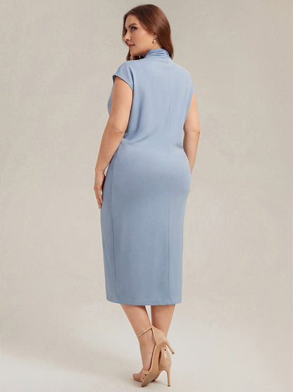 V-Neck Knit Slit Midi Wedding Guest Dress With Sleeves