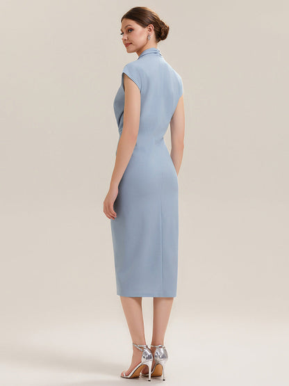 V-Neck Knit Slit Midi Wedding Guest Dress With Sleeves