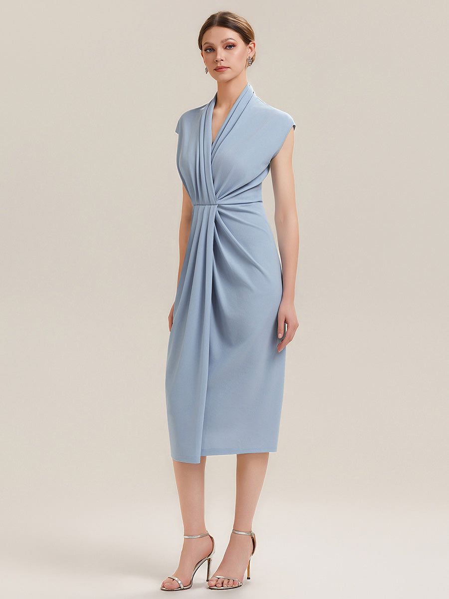 V-Neck Knit Slit Midi Wedding Guest Dress With Sleeves