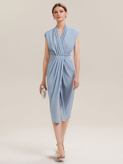 V-Neck Knit Slit Midi Wedding Guest Dress With Sleeves