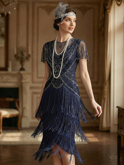 ever SOIREE|Beaded Sequin Ruffle Sleeve Fringe Flapper Dress