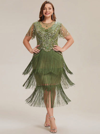 ever SOIREE|Beaded Sequin Ruffle Sleeve Fringe Flapper Dress