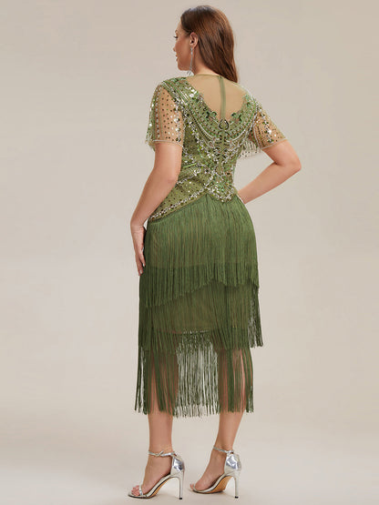 ever SOIREE|Beaded Sequin Ruffle Sleeve Fringe Flapper Dress