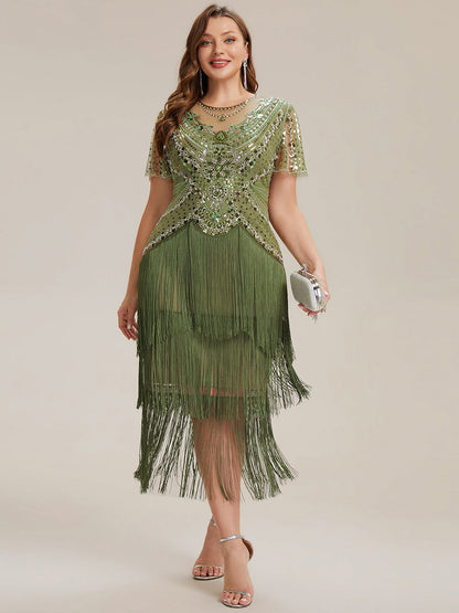 ever SOIREE|Beaded Sequin Ruffle Sleeve Fringe Flapper Dress