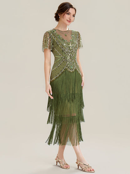 ever SOIREE|Beaded Sequin Ruffle Sleeve Fringe Flapper Dress