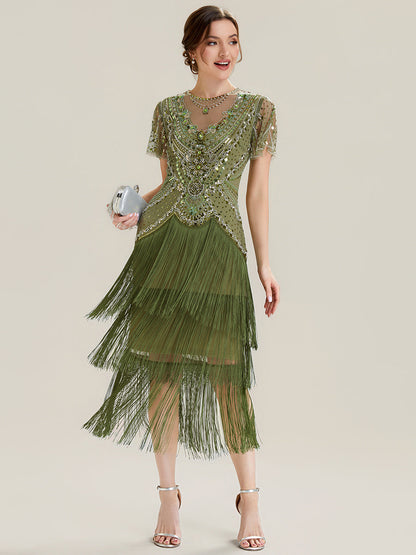 ever SOIREE|Beaded Sequin Ruffle Sleeve Fringe Flapper Dress