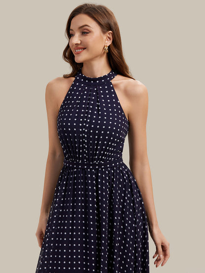 Polka Dots Pleated Chiffon Sleeveless Wedding Guest Dress