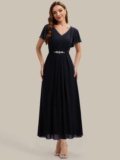 Rhinestone Embellished Chiffon Ruffle Sleeve Wedding Guest Dress
