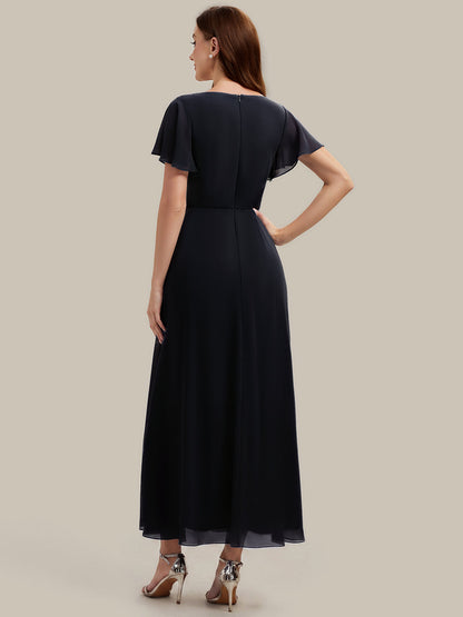 Rhinestone Embellished Chiffon Ruffle Sleeve Wedding Guest Dress