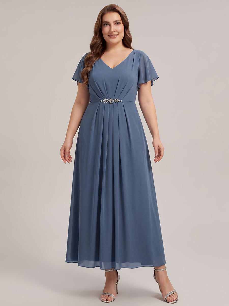 Rhinestone Embellished Chiffon Ruffle Sleeve Wedding Guest Dress