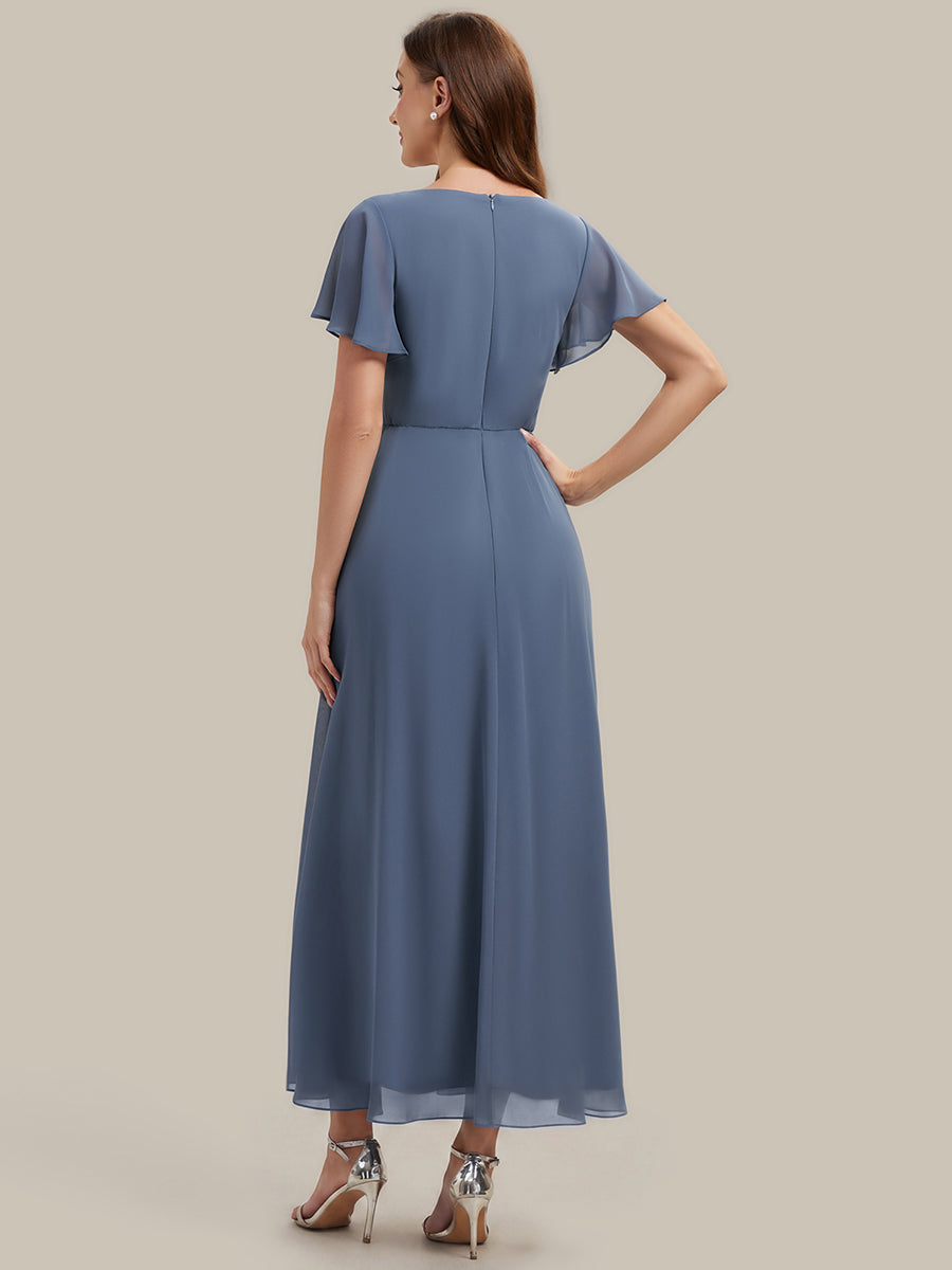 Rhinestone Embellished Chiffon Ruffle Sleeve Wedding Guest Dress