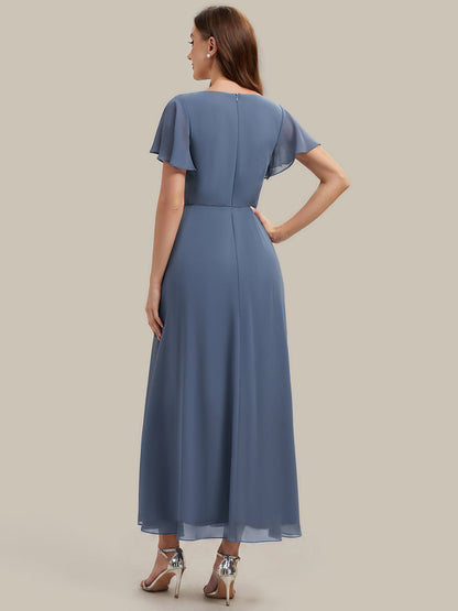 Rhinestone Embellished Chiffon Ruffle Sleeve Wedding Guest Dress