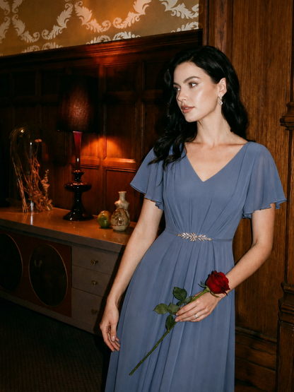 Rhinestone Embellished Chiffon Ruffle Sleeve Wedding Guest Dress