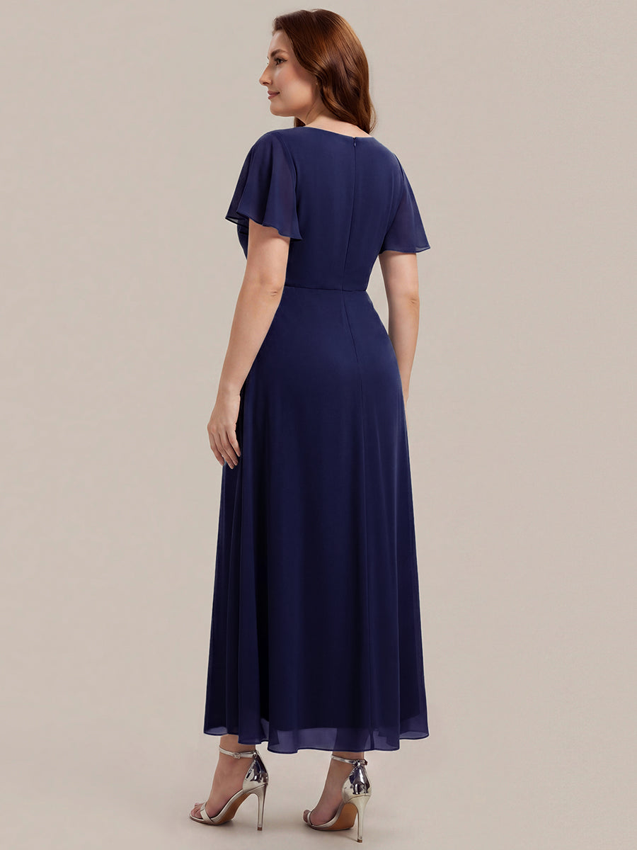 Rhinestone Embellished Chiffon Ruffle Sleeve Wedding Guest Dress