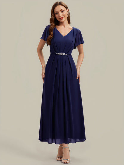 Rhinestone Embellished Chiffon Ruffle Sleeve Wedding Guest Dress