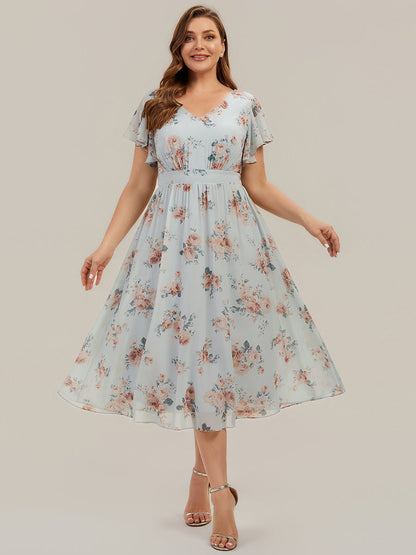 Plus Size Chiffon Ruffle Sleeve Wedding Guest Dress