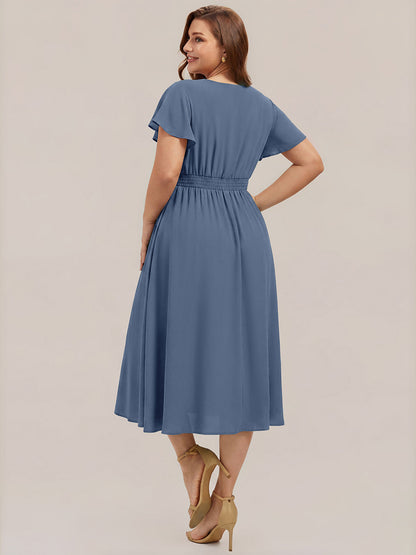 Plus Size Chiffon Ruffle Sleeve Wedding Guest Dress