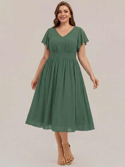 Plus Size Chiffon Ruffle Sleeve Wedding Guest Dress