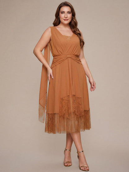 Plus Size Chiffon Ribbon Sleeveless Wedding Guest Dress