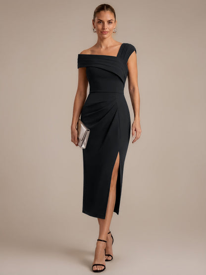 Slit Crepe Cap Sleeve Wedding Guest Dress