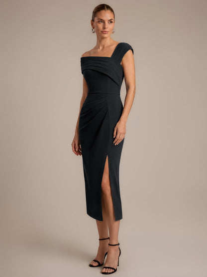 Slit Crepe Cap Sleeve Wedding Guest Dress