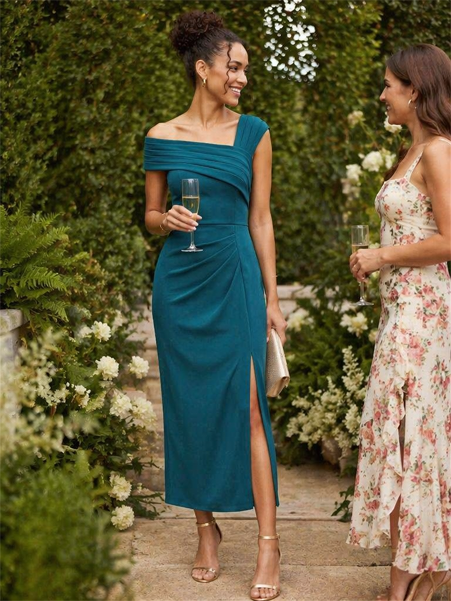 Slit Crepe Cap Sleeve Wedding Guest Dress