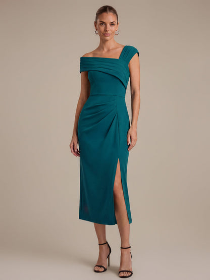 Slit Crepe Cap Sleeve Wedding Guest Dress