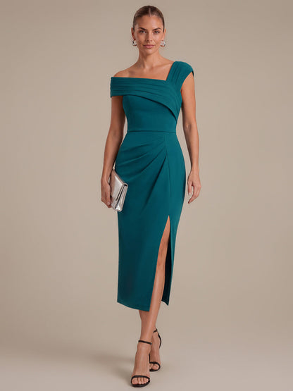 Slit Crepe Cap Sleeve Wedding Guest Dress