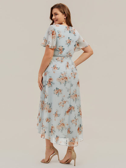 Printed Chiffon Ruffle Sleeve Wedding Guest Dress