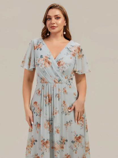 Printed Chiffon Ruffle Sleeve Wedding Guest Dress