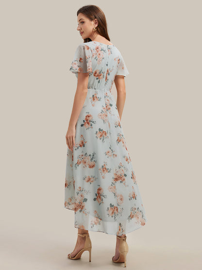 Printed Chiffon Ruffle Sleeve Wedding Guest Dress