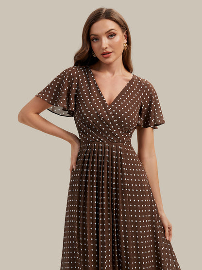 Printed Chiffon Ruffle Sleeve Wedding Guest Dress