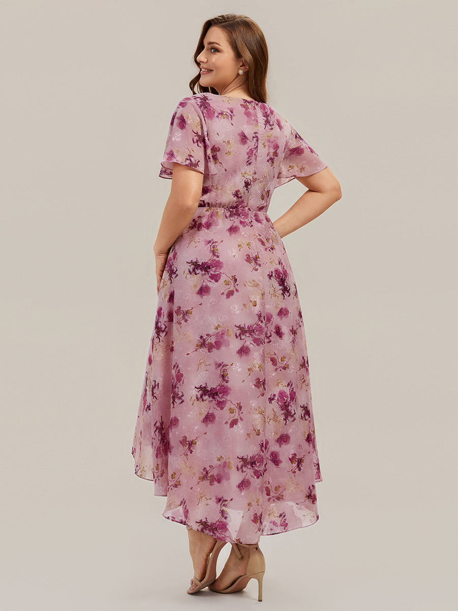 Printed Chiffon Ruffle Sleeve Wedding Guest Dress