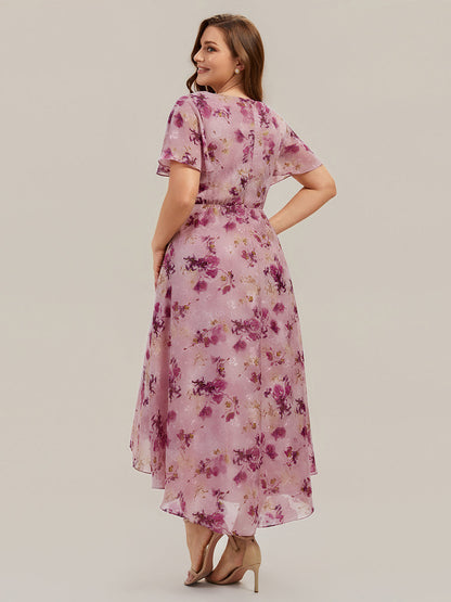 Printed Chiffon Ruffle Sleeve Wedding Guest Dress