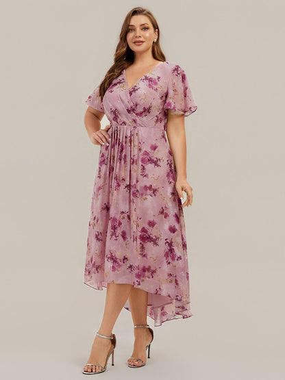Printed Chiffon Ruffle Sleeve Wedding Guest Dress
