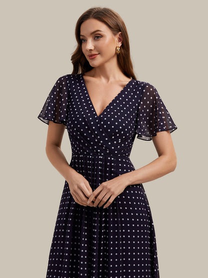 Printed Chiffon Ruffle Sleeve Wedding Guest Dress