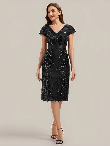 Bodycon Midi Sequin Cap Sleeve Wedding Guest Dress