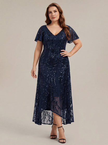 Ruffled Sequin Ruffle Sleeve Wedding Guest Dress