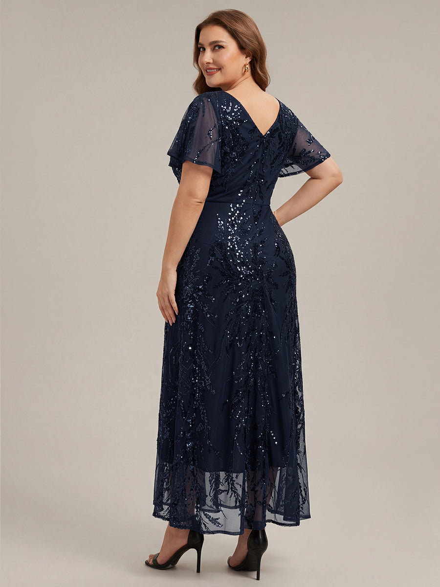 Ruffled Sequin Ruffle Sleeve Wedding Guest Dress