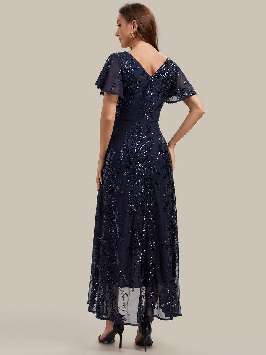Ruffled Sequin Ruffle Sleeve Wedding Guest Dress