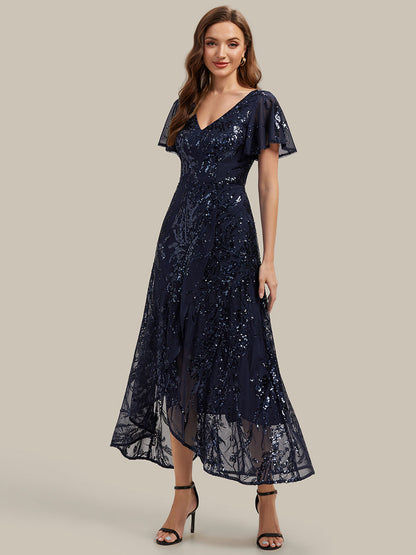 Ruffled Sequin Ruffle Sleeve Wedding Guest Dress