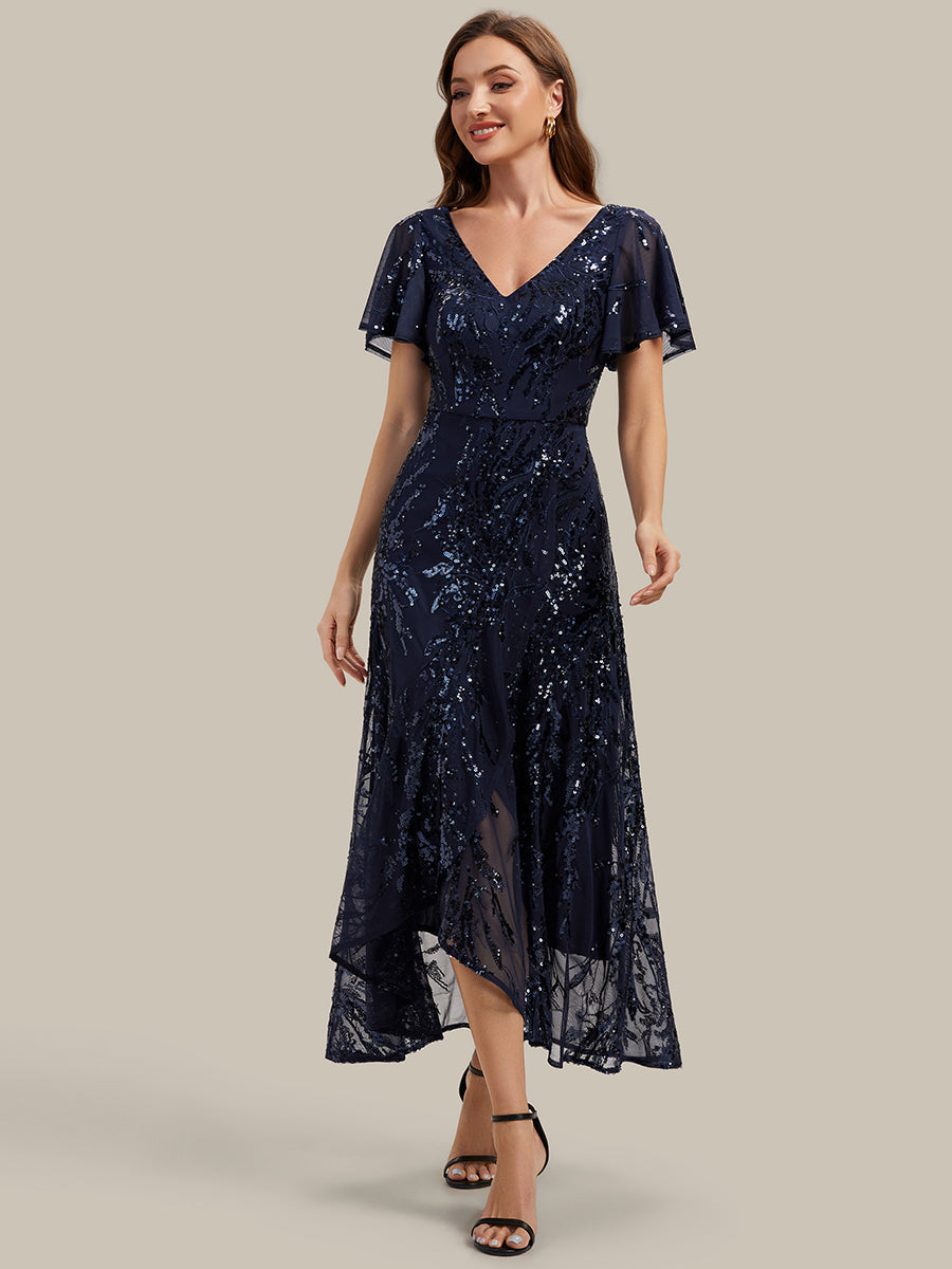 Ruffled Sequin Ruffle Sleeve Wedding Guest Dress