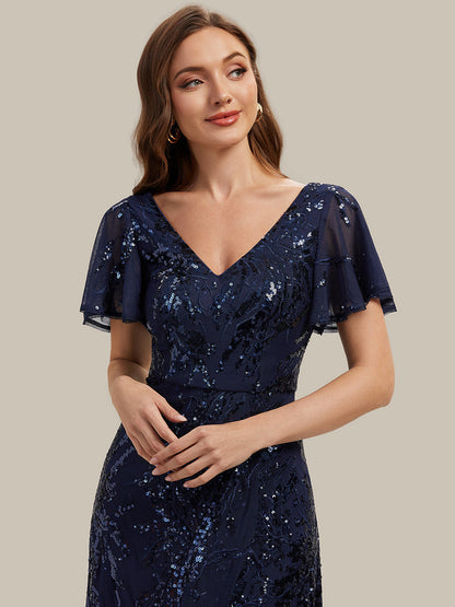 Ruffled Sequin Ruffle Sleeve Wedding Guest Dress