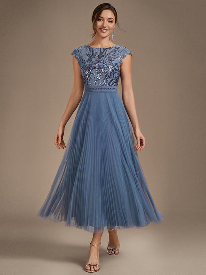 See-through Glitter Cap Sleeve A-Line Wedding Guest Dress