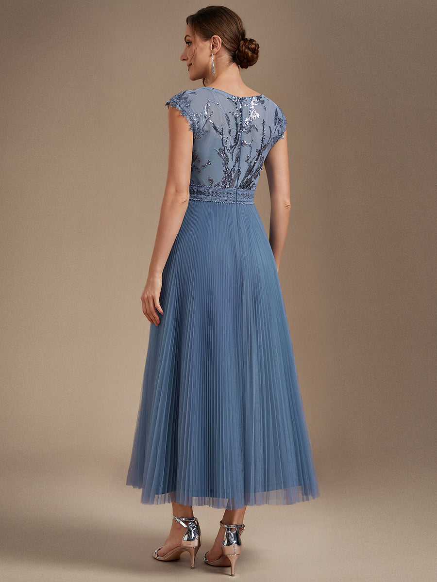 See-through Glitter Cap Sleeve A-Line Wedding Guest Dress