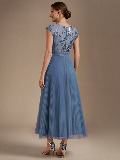 See-through Glitter Cap Sleeve A-Line Wedding Guest Dress