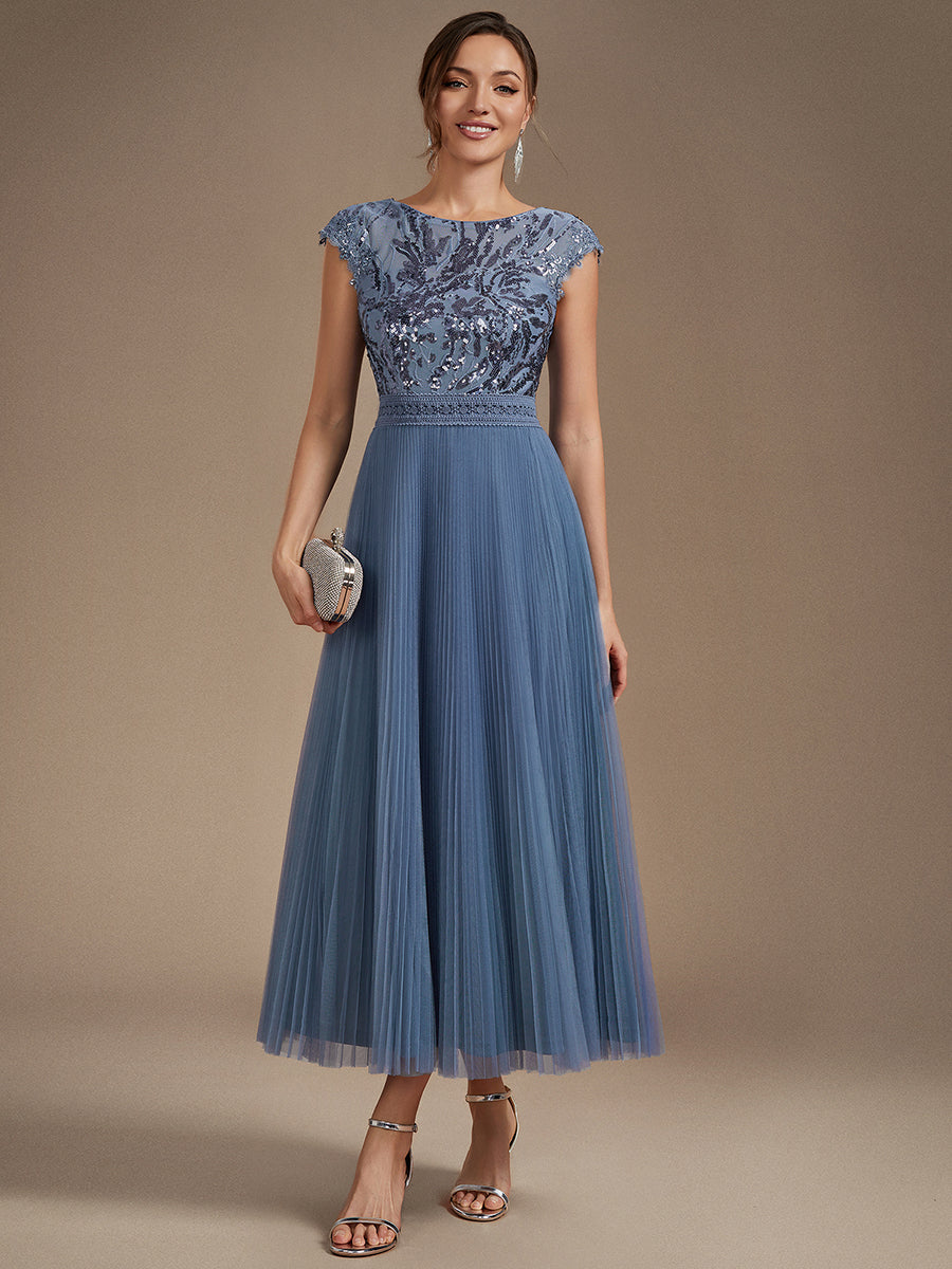 See-through Glitter Cap Sleeve A-Line Wedding Guest Dress